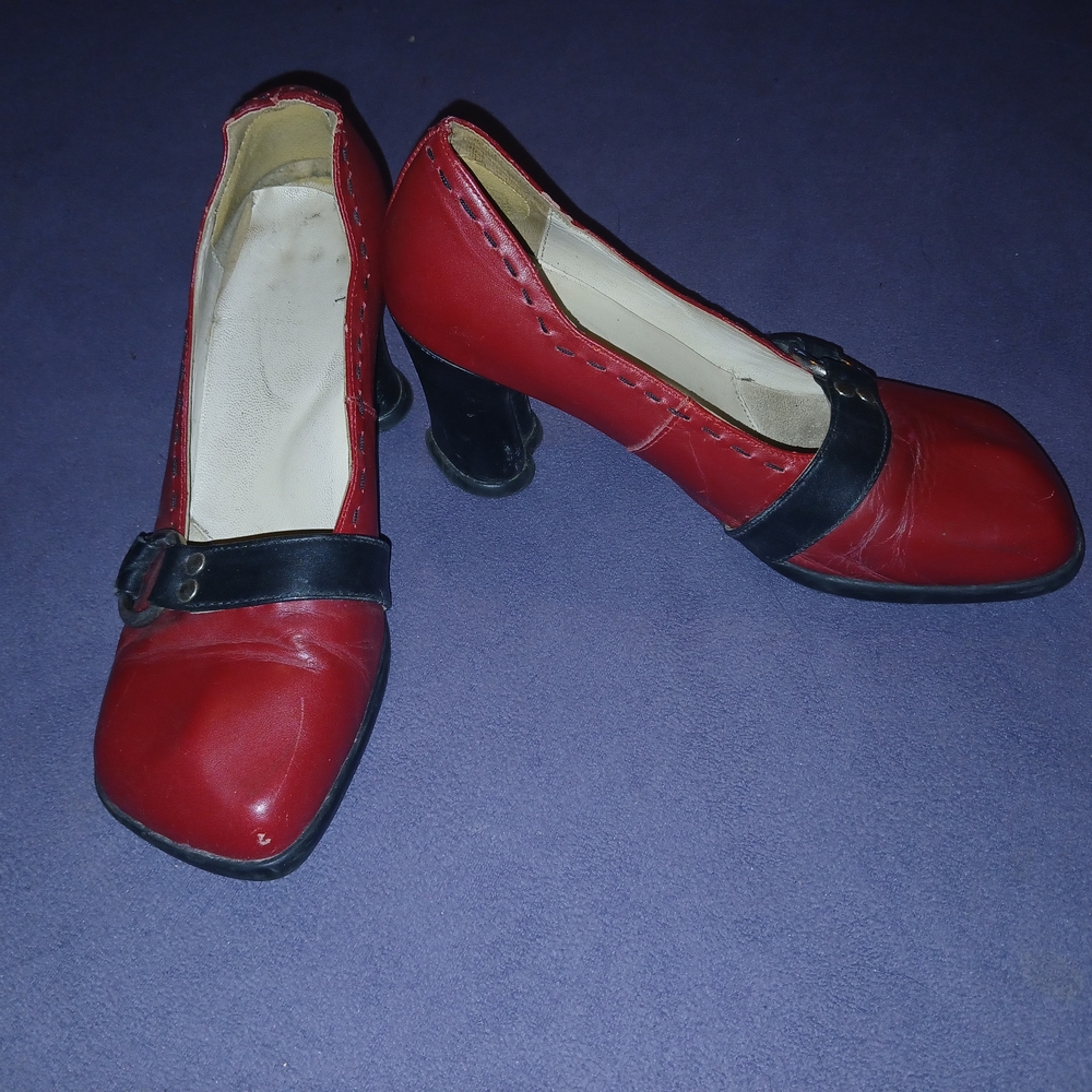 John Fluevog Hi-Choice Vanny Red and Black Heart Shaped Heels